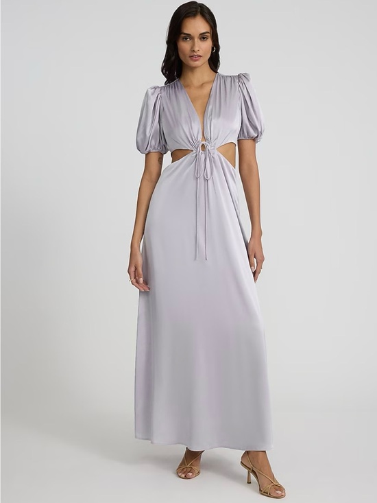 Express Dresses & Skirts - Satin V-Neck Puff Sleeve Tie Front Cutout Maxi Dress